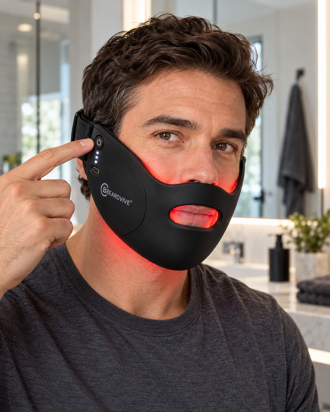 Man wearing BEARDVIVE mask during grooming routine